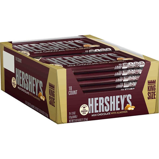 Candy Bar, Milk Chocolate, with Almonds, King Size,18 - 2.6 OUNCE