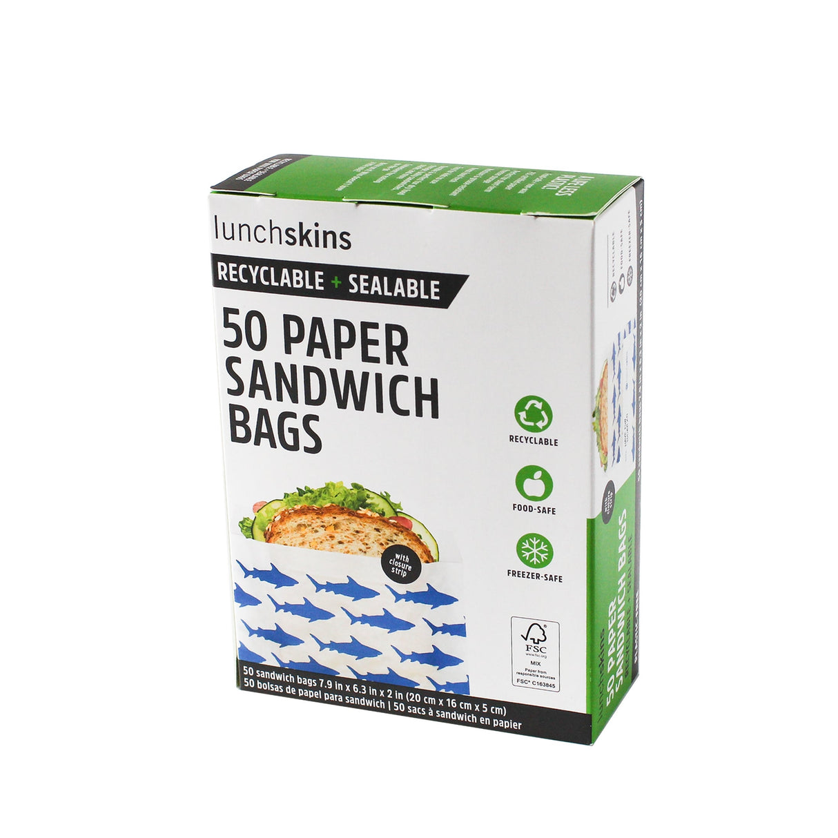 Bag, Sandwich, 7.9 x 6.3 x 2 Inch, Paper, Blue Shark Print, Sealable,12 - 50 COUNT