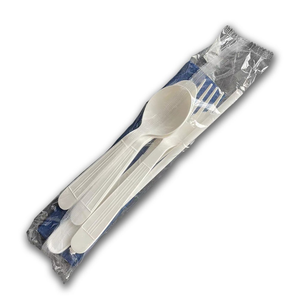 Cutlery Kits, Fork/Knife/Spoon/Soup Spoon, Plastic, with Flex Straw & Blue Napkin, Individually-Wrapped,250 - 1 EACH