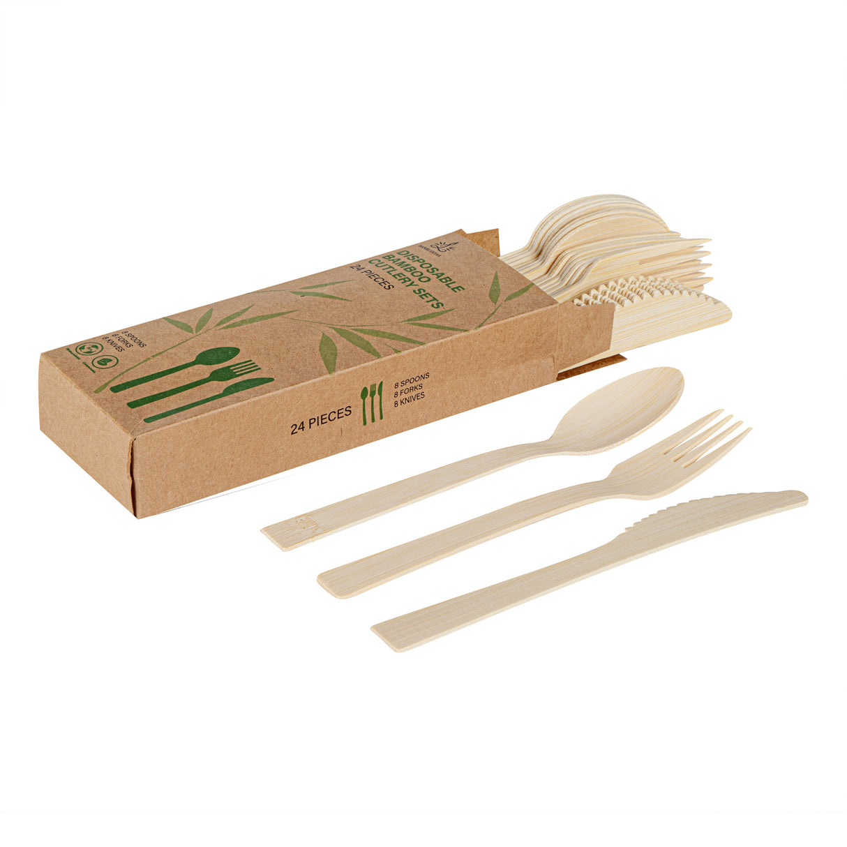 Cutlery Kits, Fork/Knife/Spoon, 7 Inch, Bamboo,24 - 1 EACH