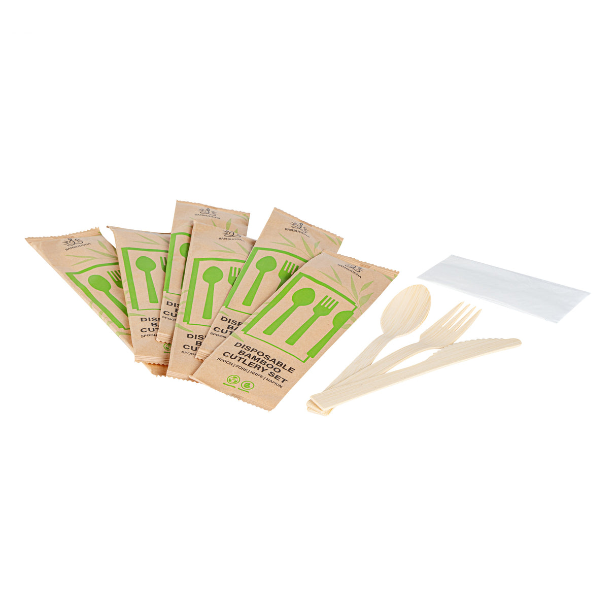 Cutlery Kits, Fork/Knife/Spoon, 7 Inch, Bamboo, with White Napkin, in Kraft Paper Pouch,100 - 1 EACH