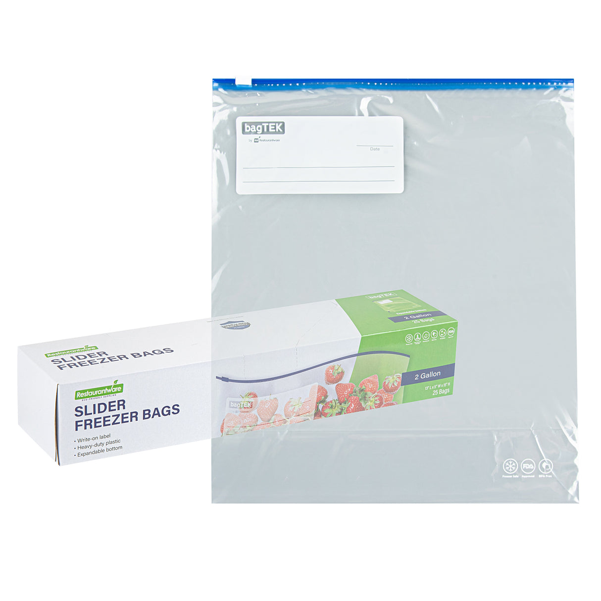 Bags, Freezer, Bag Tek 2 Gallon, Plastic, Clear, Slider, 13 x 5 x 15 Inch, with Write-On Label, Expandable Bottom,25 - 1 EACH