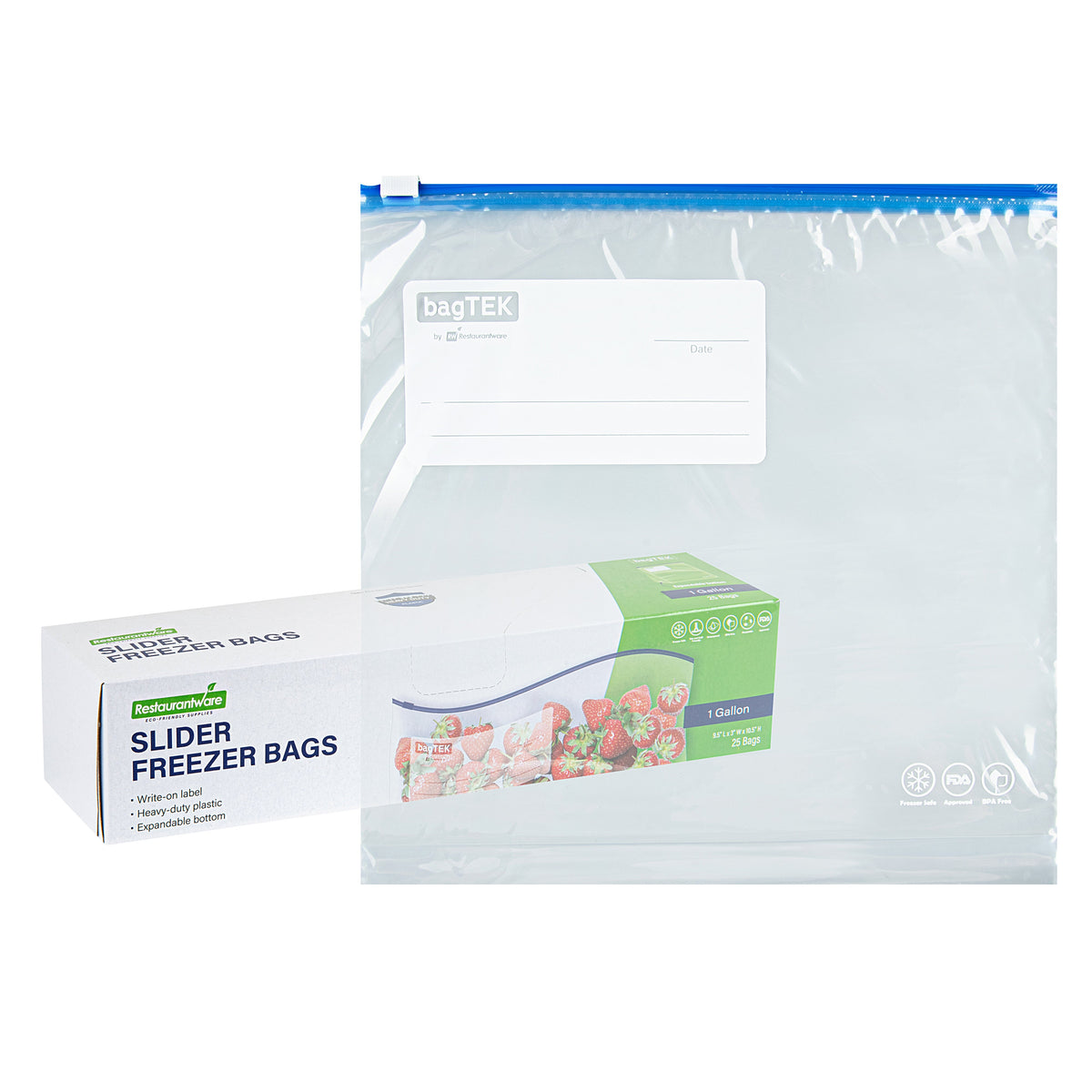 Bags, Freezer, Bag Tek 1 Gallon, Plastic, Clear, Slider, 9.5 x 3 x 10.5 Inch, with Write-On Label, Expandable Bottom, 1 Each,25 - 1 COUNT