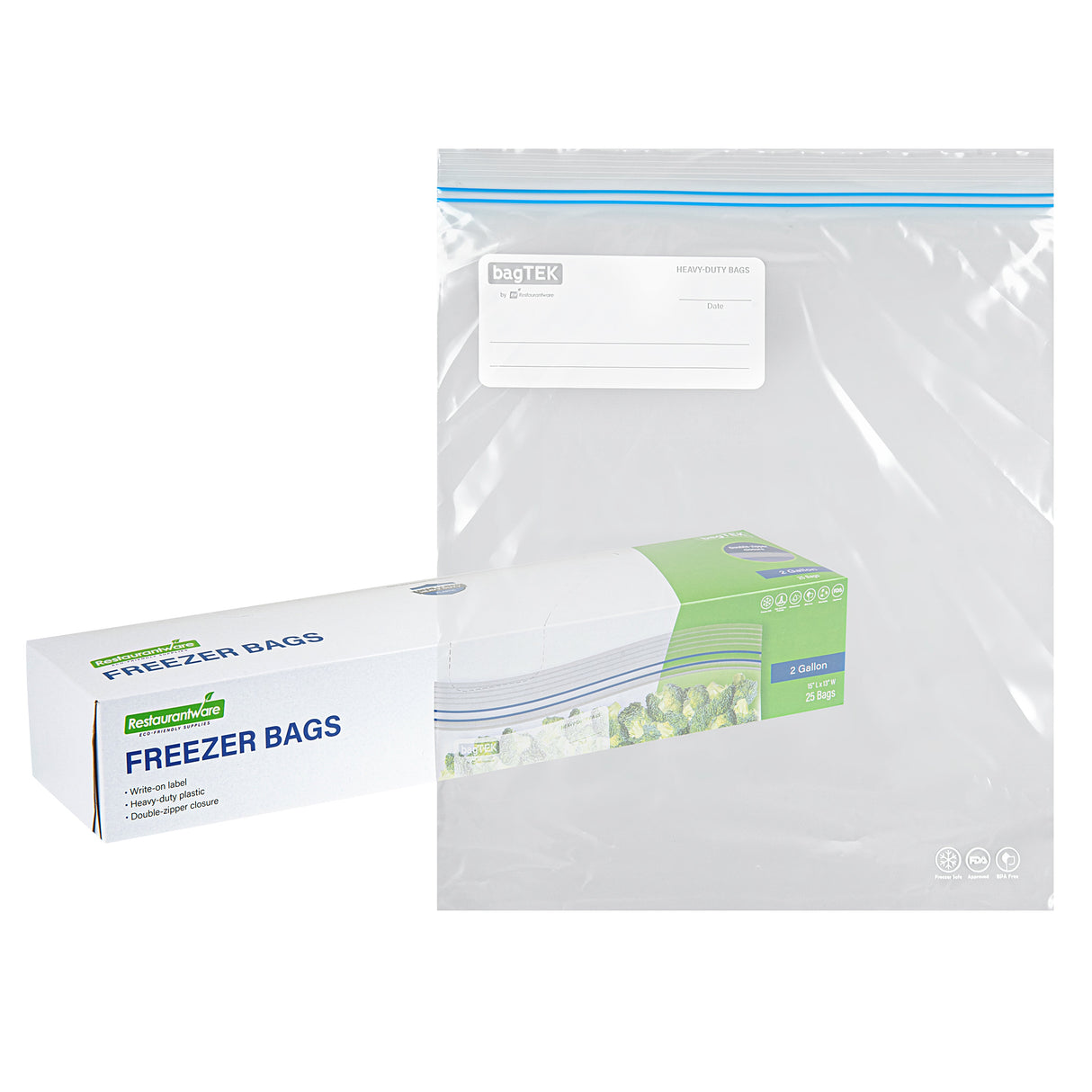 Bags, Freezer, Bag Tek 2 Gallon, Plastic, Clear, Double Zipper, 15 x 13 Inch, with Write-On Label,25 - 1 EACH