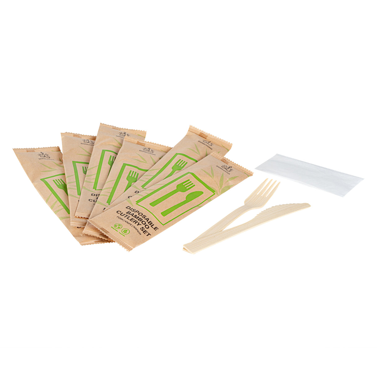 Cutlery Kits, Fork & Knife, Bambuddha, Bamboo, Natural, 7 Inch, with White Napkin, Kraft Paper Pouch,500 - 1 EACH