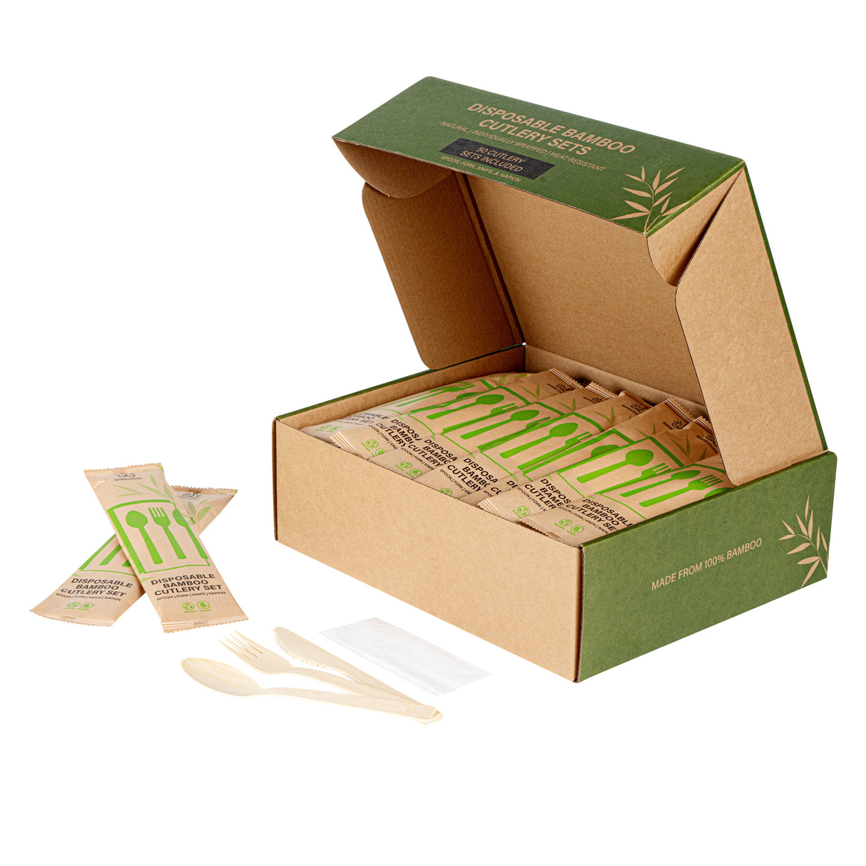 Cutlery Kits, Fork/Knife/Spoon, 7 Inch, Bamboo, in Kraft Paper Pouch,50 - 1 EACH