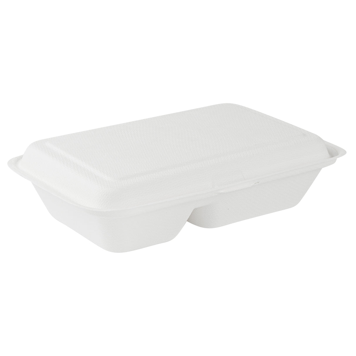 Containers, 2-Compartment, Pulp Safe 34 Ounce, Sugarcane & Bagasse, White, 9.5 x 6.25 x 2.5 Inch, Clamshell,100 - 1 EACH