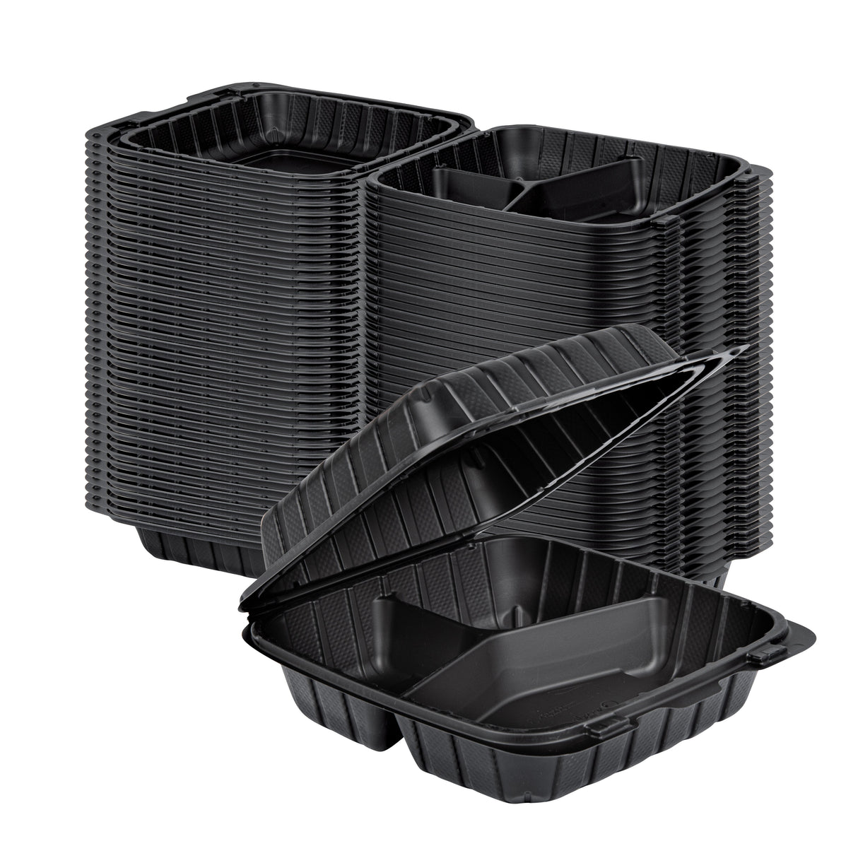 Containers, 3-Compartment, Thermo Tek 28 Ounce, Mineral-Filled Plastic, Black, 8 x 8 x 3 inch, Clamshell,100 - 1 EACH