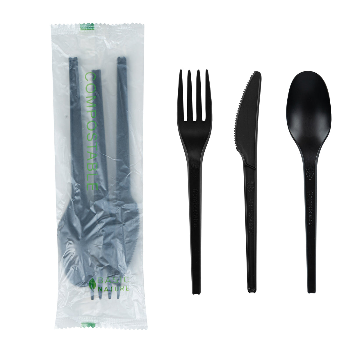 Cutlery Kits, Fork/Knife/Spoon, 6.5 Inch, Plastic, Black, Heat Resistant & Compostable, Wrapped, CPLA,100 - 1 EACH
