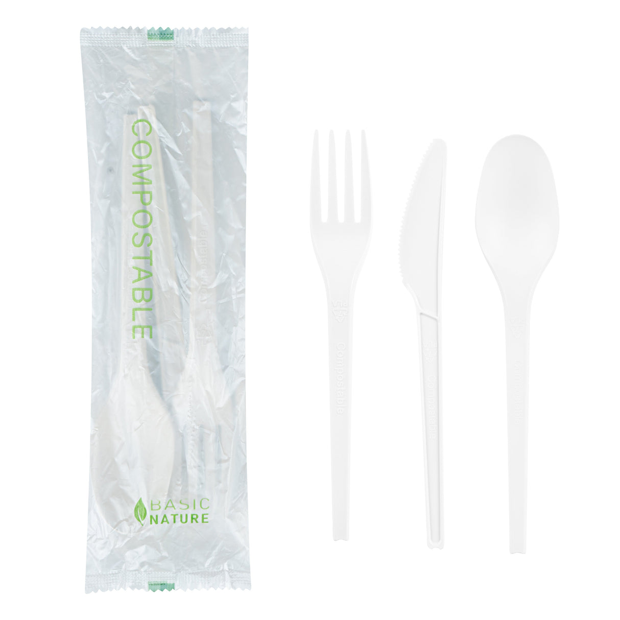 Cutlery Kits, Fork/Knife/Spoon, 6.5 Inch, Plastic, White, Heat Resistant & Compostable, Wrapped, CPLA,100 - 1 EACH