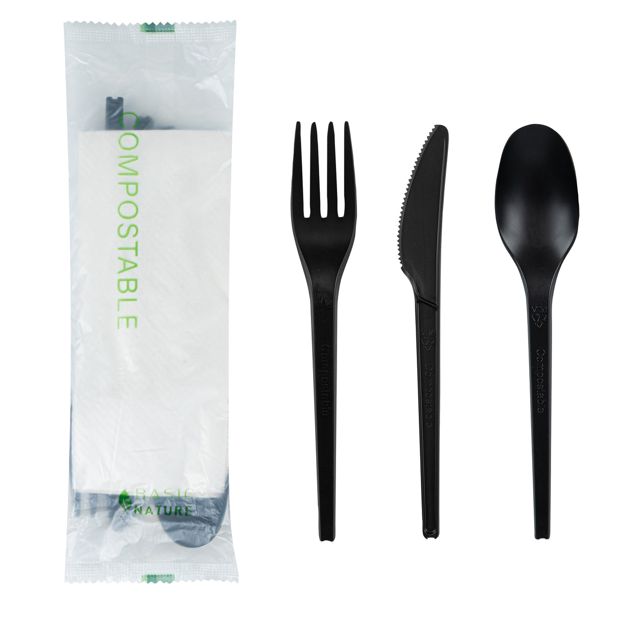Cutlery Kits, Fork/Knife/Spoon, 6.5 Inch, Plastic, Black, with White Napkin, Heat Resistant & Compostable, Wrapped, CPLA,100 - 1 EACH