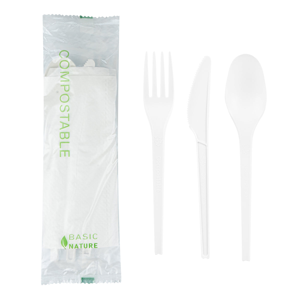 Cutlery Kits, Fork/Knife/Spoon, 6.5 Inch, Plastic, White, with White Napkin, Heat Resistant & Compostable, Wrapped, CPLA,100 - 1 EACH