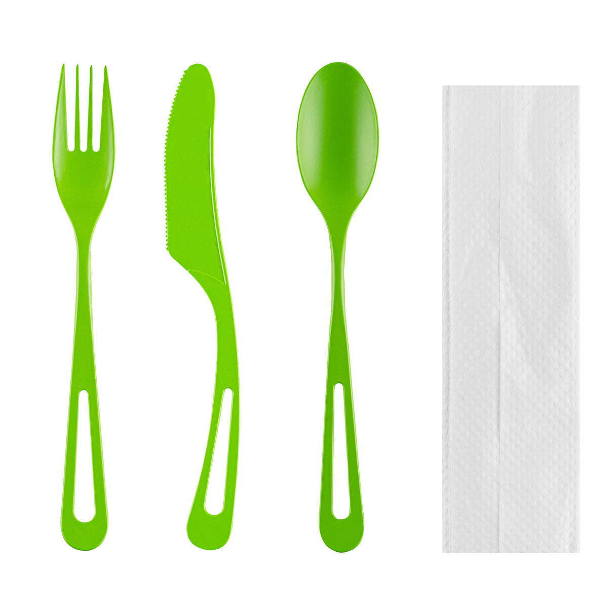 Cutlery Kits, Fork/Knife/Spoon, 7.5 Inch, Plastic, Green, with White Napkin, Heat Resistant & Compostable, Wrapped, CPLA,100 - 1 EACH