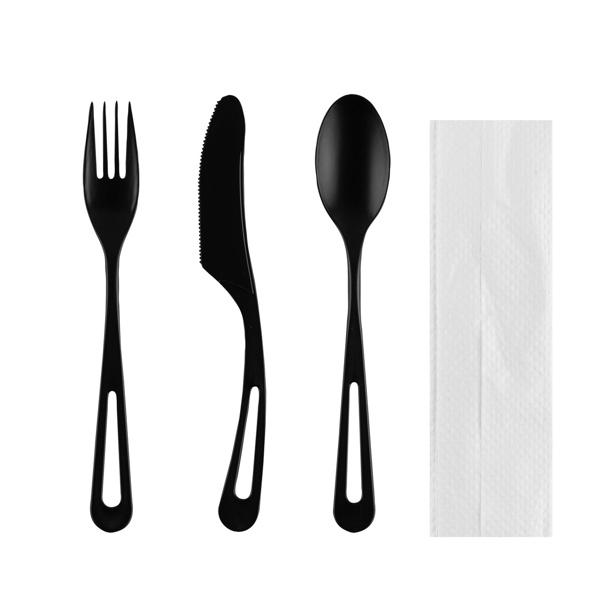Cutlery Kits, Fork/Knife/Spoon, 7.5 Inch, Plastic, Black, with White Napkin, Heat Resistant & Compostable, Wrapped, CPLA,100 - 1 EACH