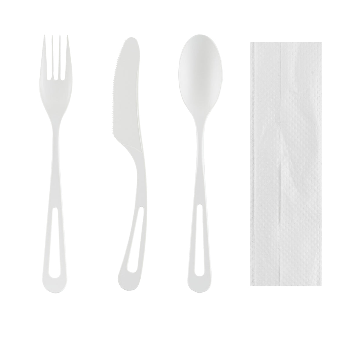 Cutlery Kits, Fork/Knife/Spoon, 7.5 Inch, Plastic, White, with White Napkin, Heat Resistant & Compostable, Wrapped, CPLA,100 - 1 EACH