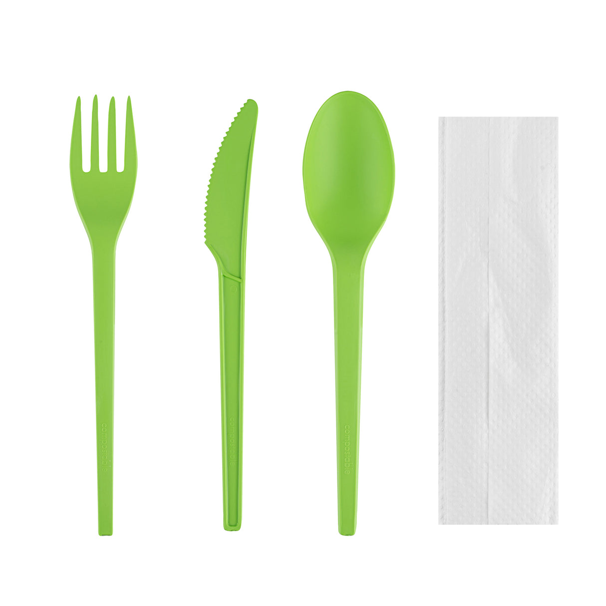Cutlery Kits, Fork/Knife/Spoon, 6.5 Inch, Plastic, Green, with White Napkin, Heat Resistant & Compostable, Wrapped, CPLA,100 - 1 EACH