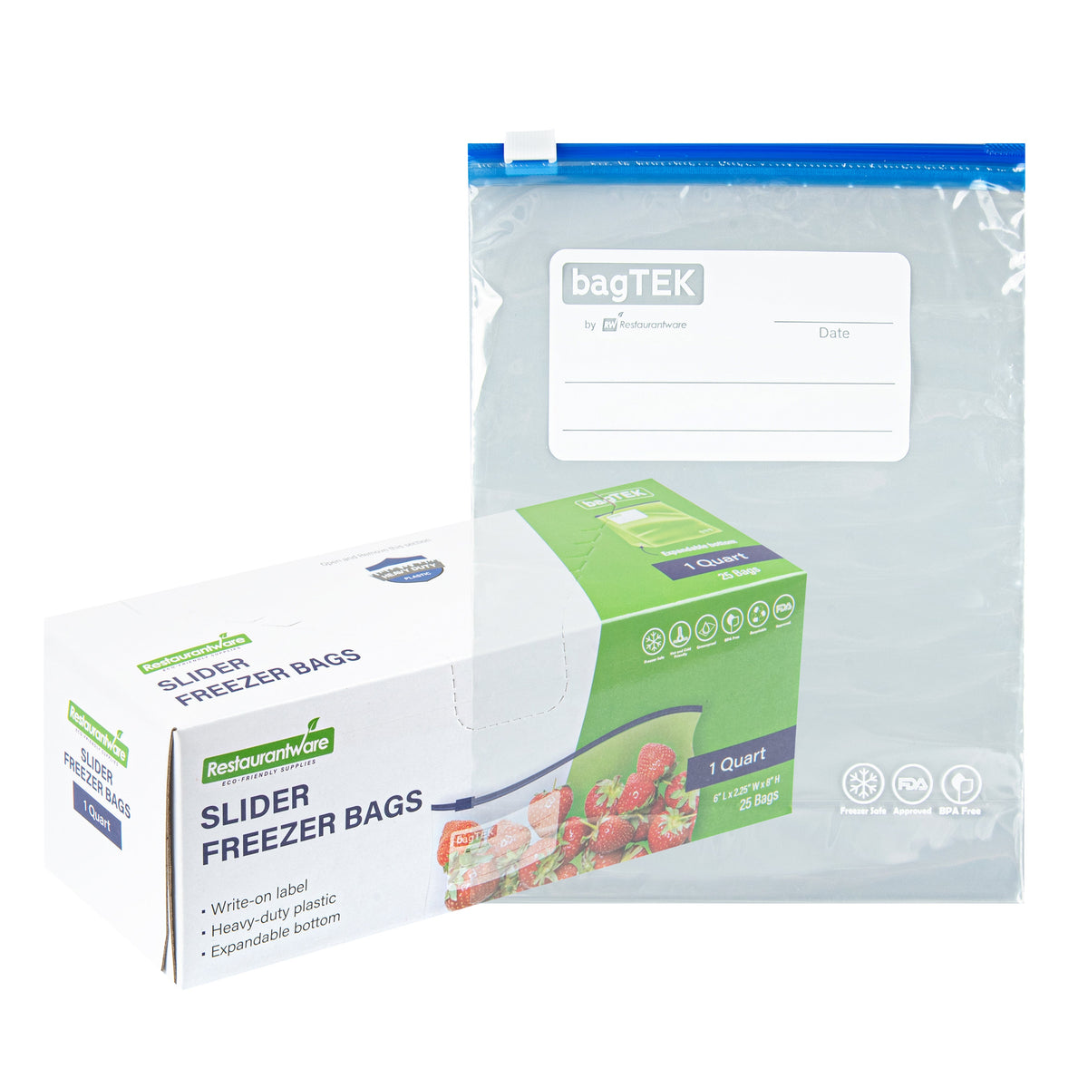 Bags, Freezer, Bag Tek 1 Quart, Plastic, Clear, Slider, 6 x 2.25 x 8 Inch, with Write-On Label, Expandable Bottom, 1 Each,1000 - 1 COUNT
