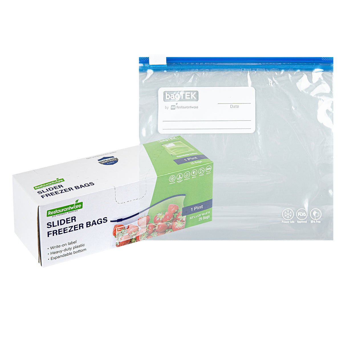Bags, Freezer, Bag Tek 1 Pint, Plastic, Clear, Slider, 6.5 x 1.25 x 6 Inch, with Write-On Label, Expandable Bottom,1000 - 1 EACH