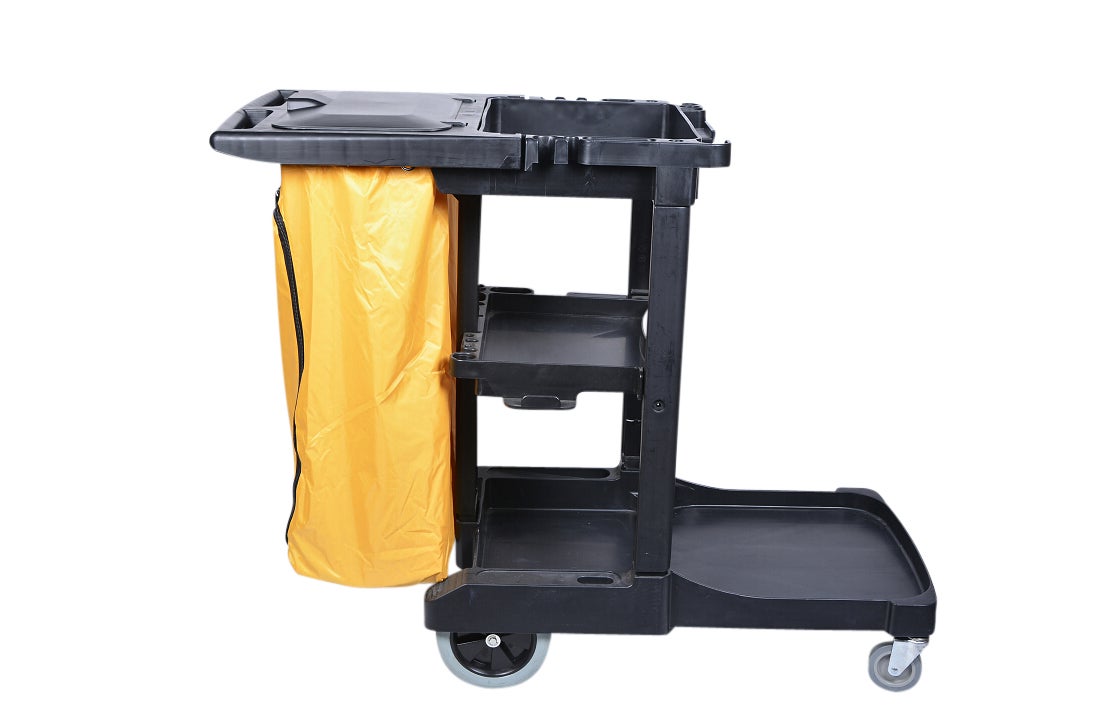 Cart, Janitor, 3-Shelf/20 Gallon Nylon Bag/Hinged Lid, Heavy-Duty, Black, Plastic, 44.25 x 20 x 37.75 Inch,1 - 1 COUNT