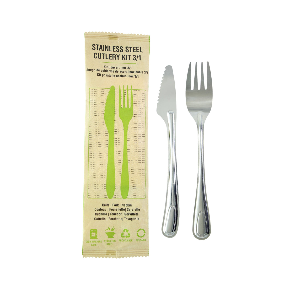 Cutlery Kits, Fork & Knife, Stainless Steel, with Napkin, Paper Pouch, 8.17 Inch, Reusable,50 - 3 PIECE