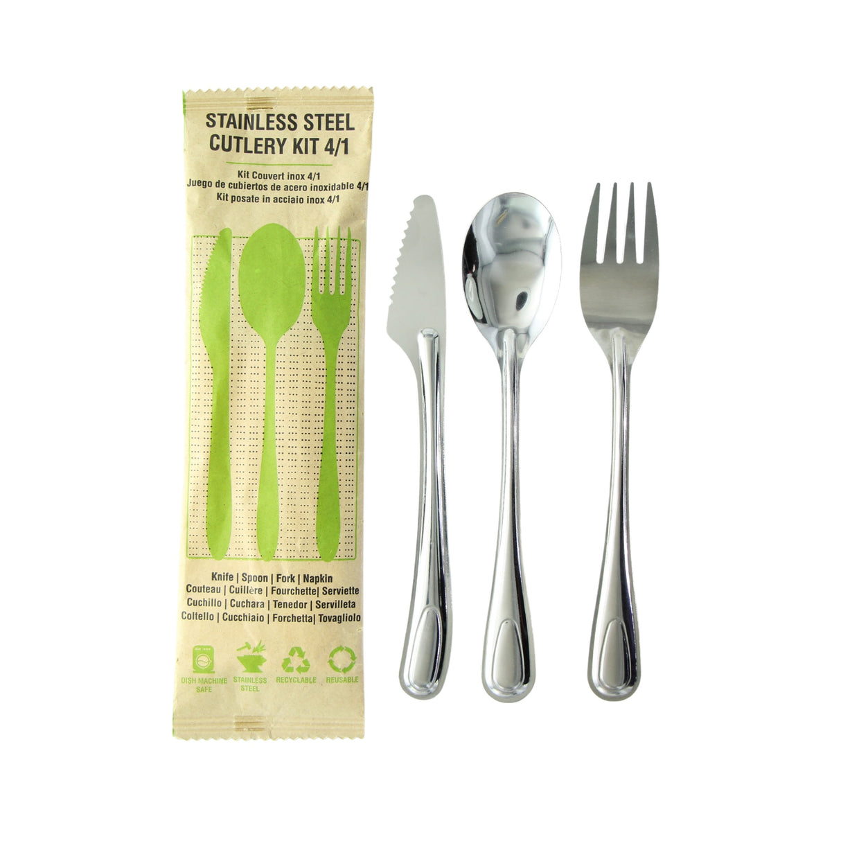 Cutlery Kits, Fork/Spoon/Knife, Stainless Steel, with Napkin, Paper Pouch, 8.17 Inch, Reusable,50 - 4 PIECE