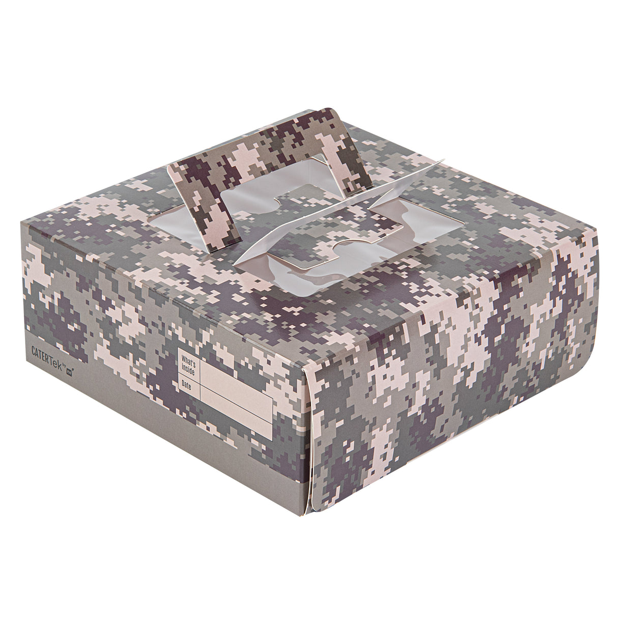 Boxes, Cake & Lunch, 9 x 9 x 3.50 Inch, Paper, Camouflage, with Window & Pop-Up Handle,50 - 1 EACH