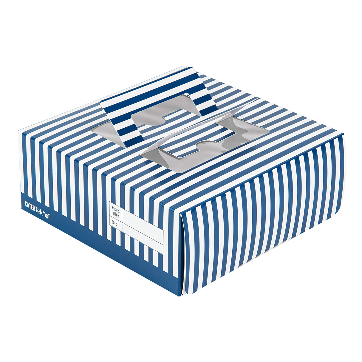 Boxes, Cake & Lunch, Cater Tek 9 x 9 x 3.50 Inch, Paper, Blue & White Stripe, with Window & Pop-Up Handle,50 - 1 EACH