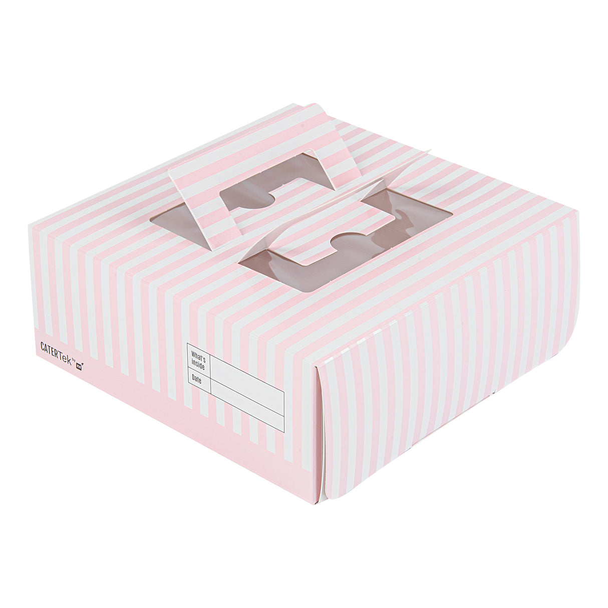 Boxes, Cake & Lunch, 9 x 9 x 3.50 Inch, Paper, Pinke & White Stripe, with Window & Pop-Up Handle,50 - 1 EACH