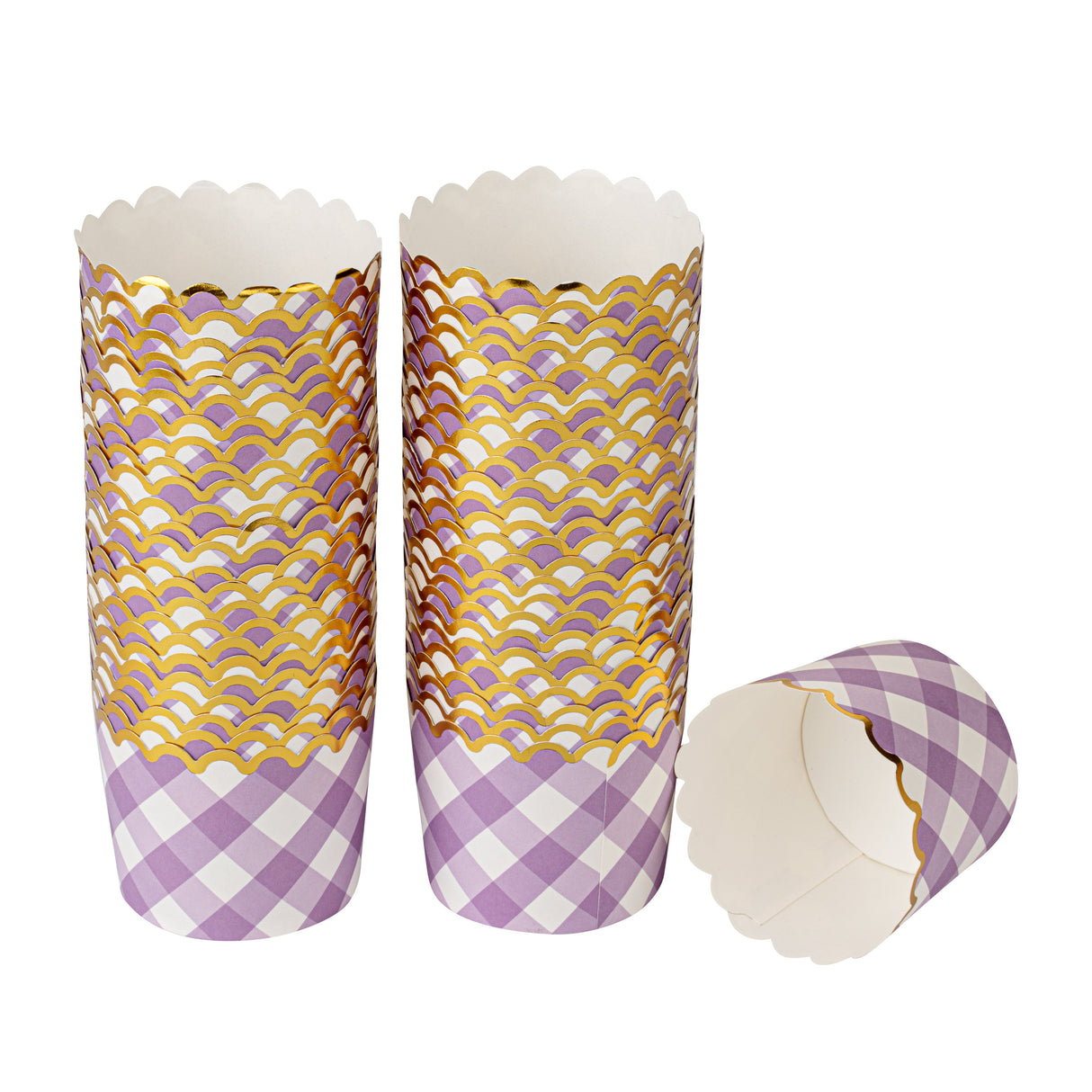 Cups, Baking, 4.50 Ounce, Paper, Plaid Purple with Gold Rim, Scalloped, 2.75 x 2.75 x 2 Inch,50 - 1 EACH