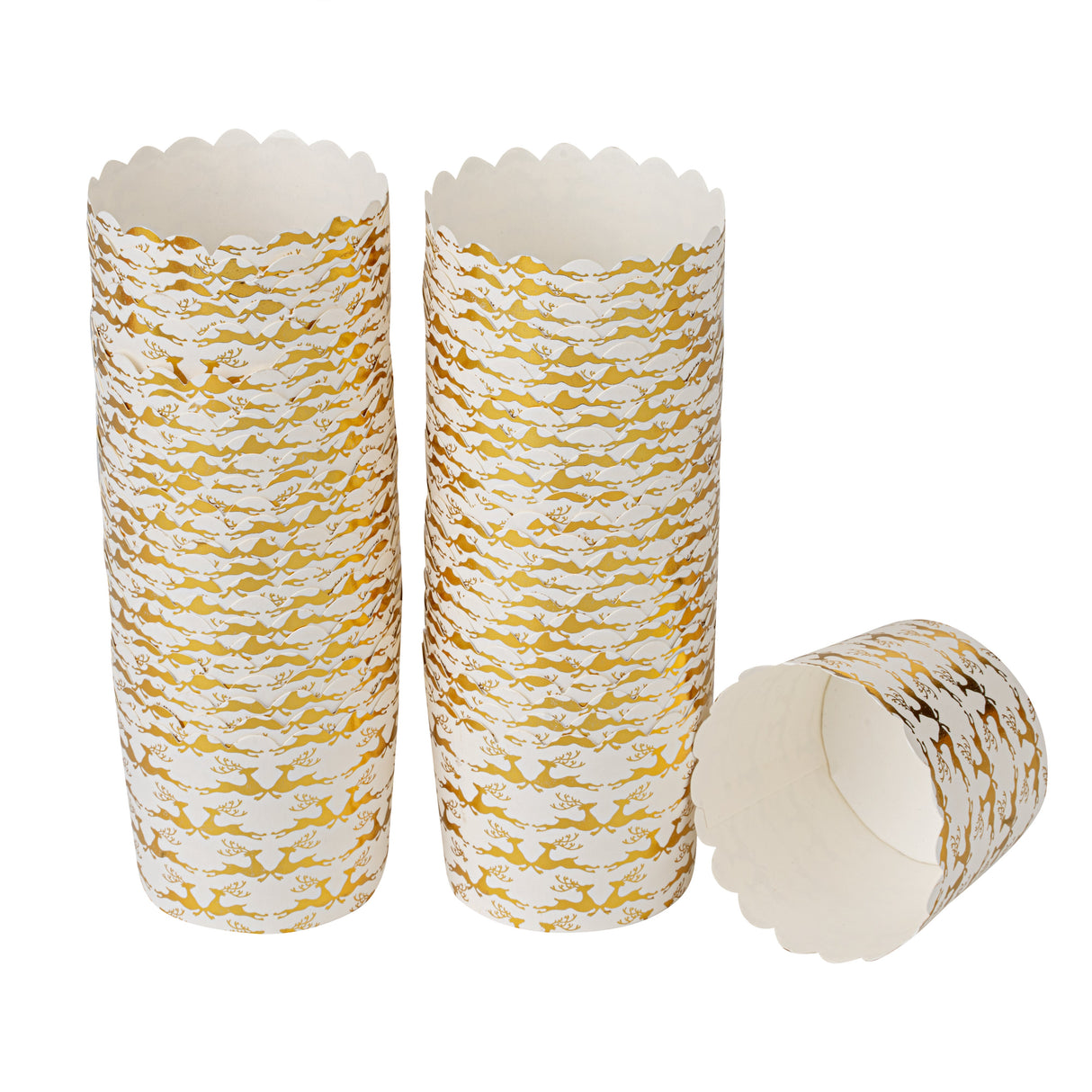 Cups, Baking, 4.50 Ounce, Paper, White with Gold Reindeer, Scalloped, 2.75 x 2.75 x 2 Inch,50 - 1 EACH