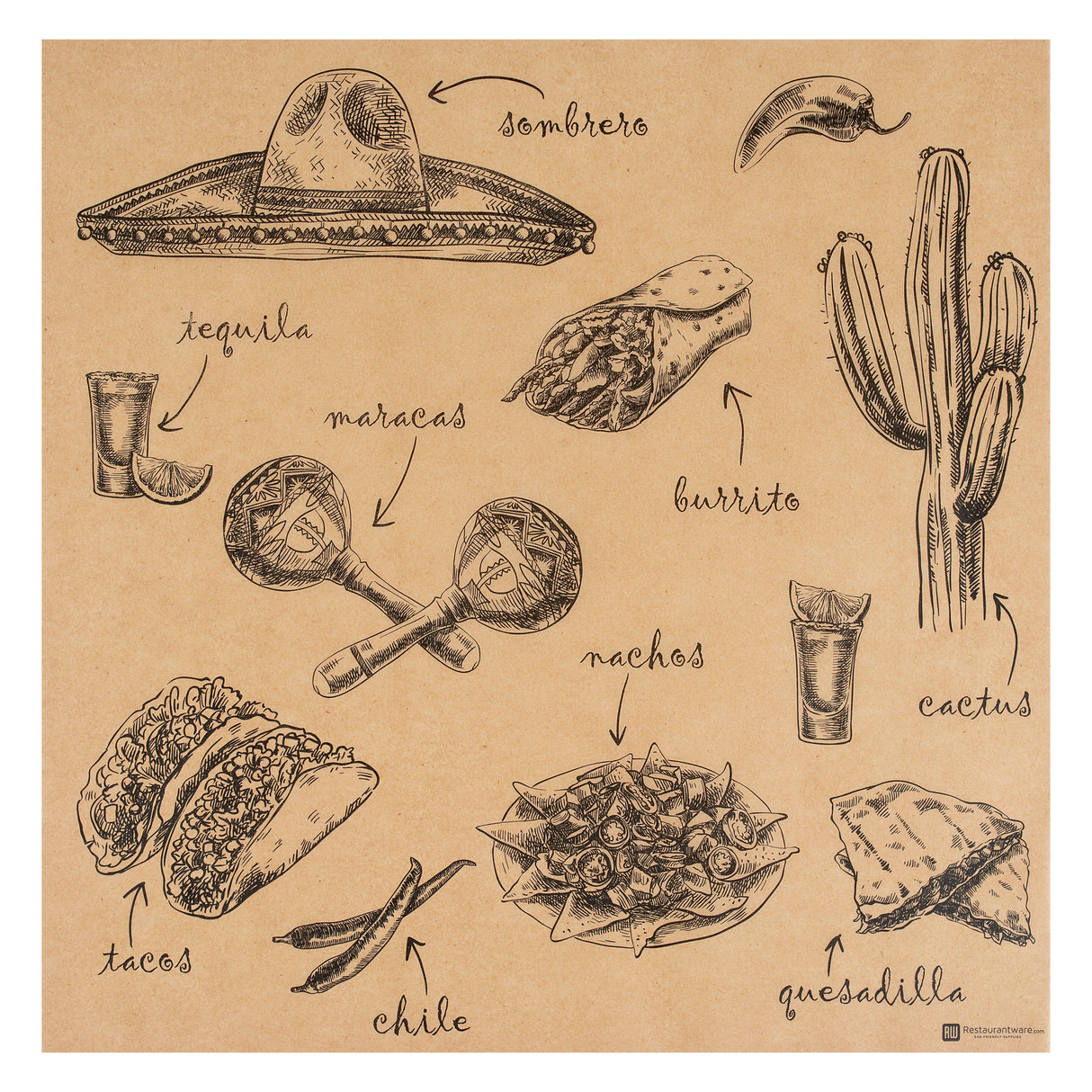 Food Wrap & Basket Liners, RW Base 12 x 12 Inch, Greaseproof Paper, Kraft, Mexican Tradition Print,200 - 1 EACH