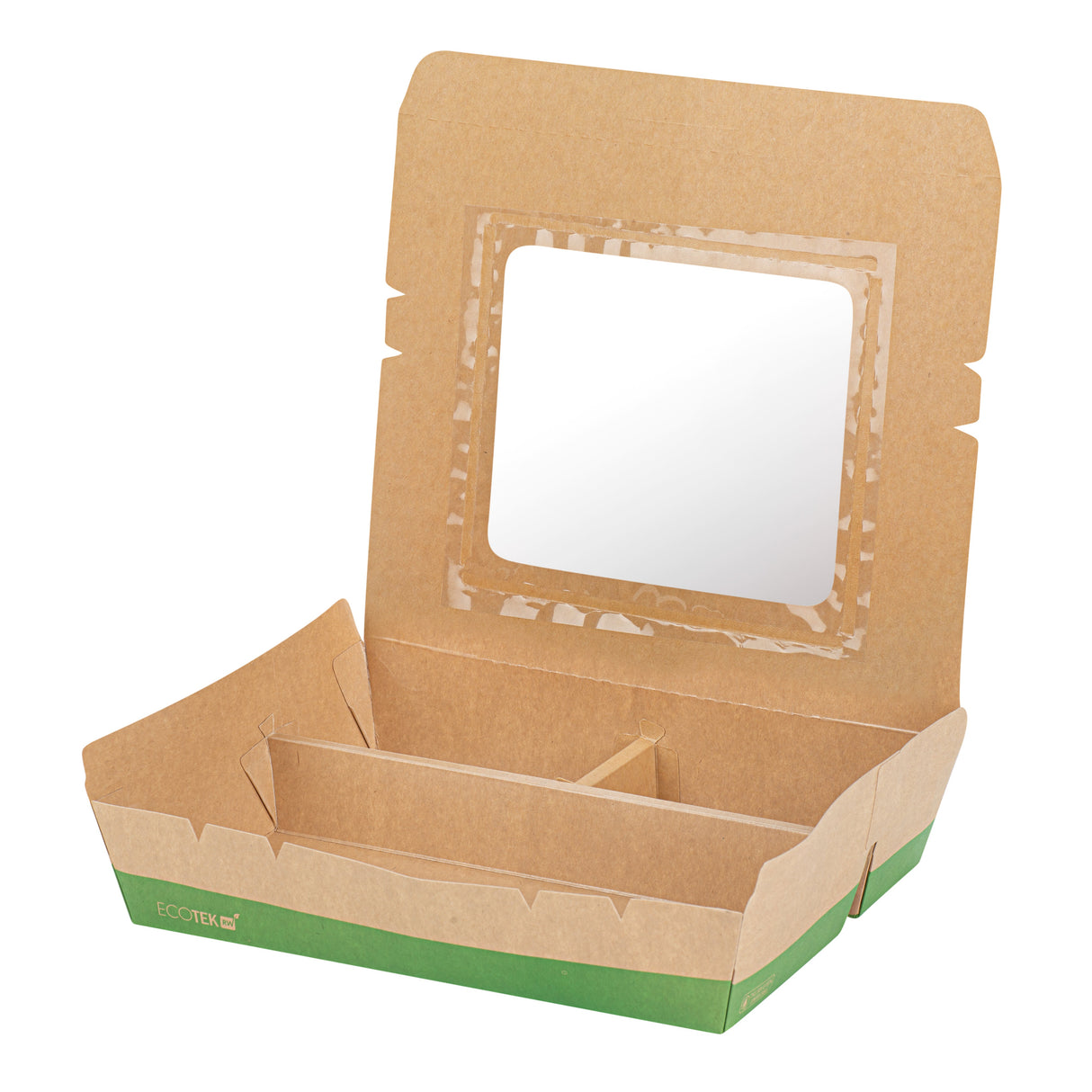 Boxes, 3-Compartment Lunch, Bento Tek 78 Ounce, Paper, Kraft & Green, 11 x 9 x 2 Inch, with PLA Window,100 - 1 EACH