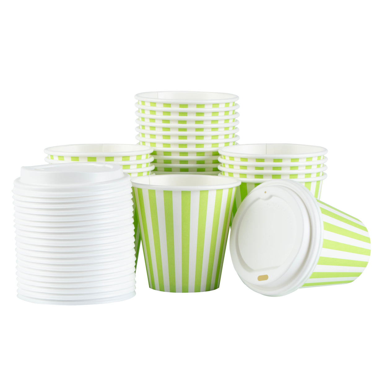 Cups, Hot, Restpresso 8 Ounce, Paper, Green & White Stripe, Single Wall, 3.50 x 3.50 x 4 Inch, with White Lid,20 - 1 EACH