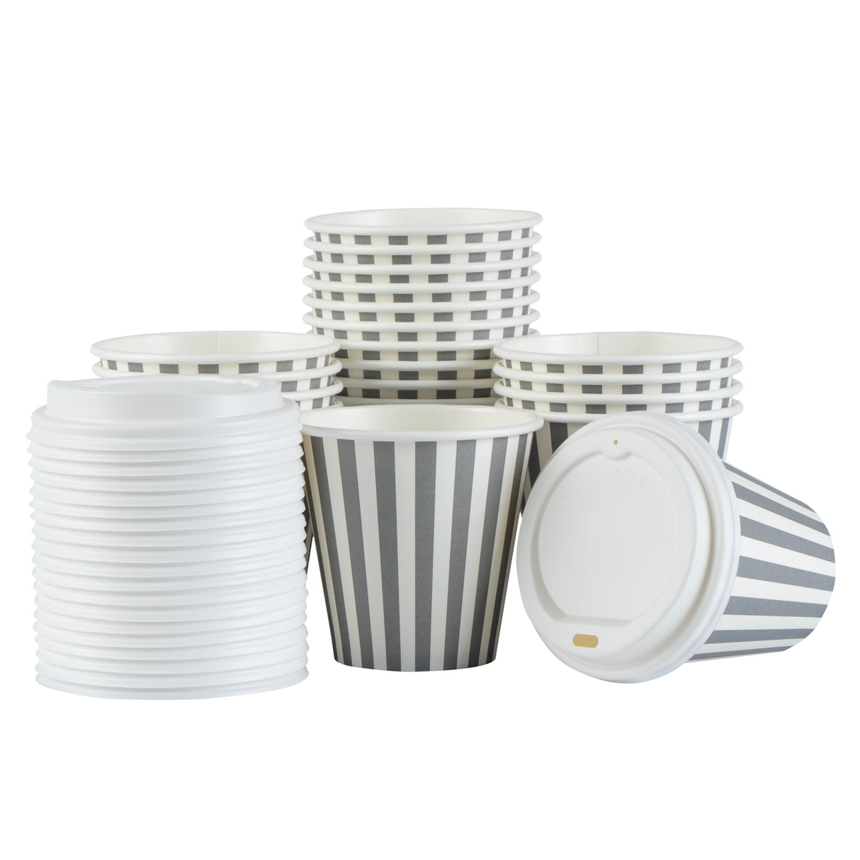 Cups, Hot, Restpresso 8 Ounce, Paper, Gray & White Stripe, Single Wall, 3.50 x 3.50 x 4 Inch, with White Lid,20 - 1 EACH