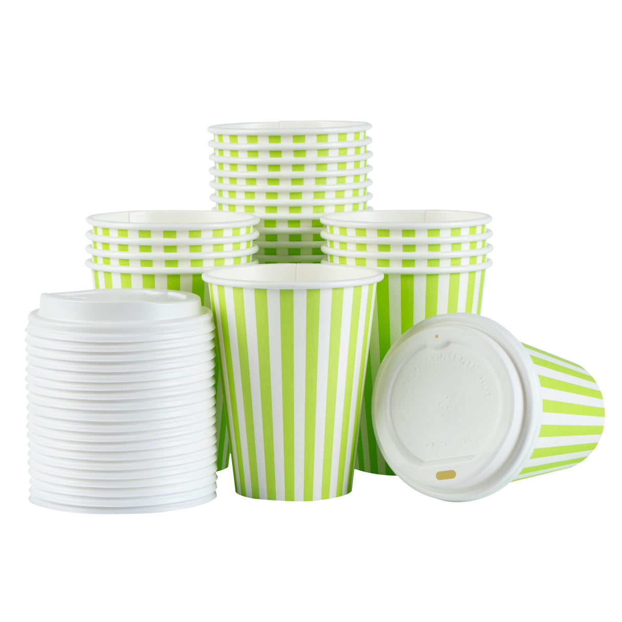 Cups, Hot, Restpresso 12 Ounce, Paper, Green & White Stripe, Single Wall, 3.50 x 3.50 x 4.75 Inch, with White Lid,20 - 1 EACH