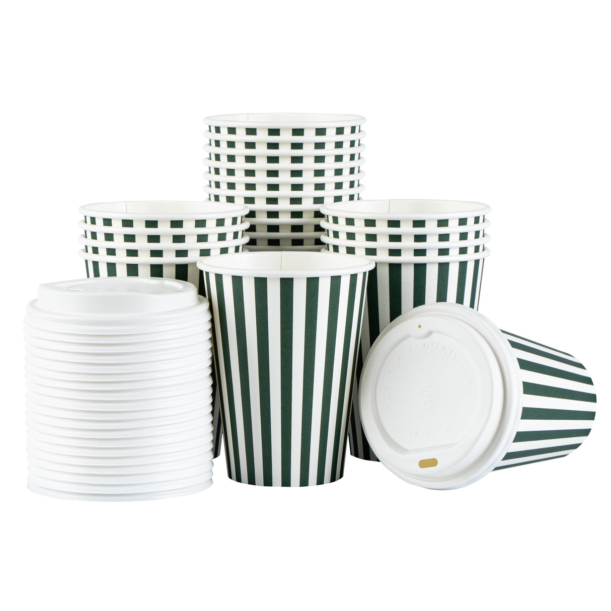 Cups, Hot, Restpresso 12 Ounce, Paper, Forest Green & White Stripe, Single Wall, 3.50 x 3.50 x 4.75 Inch, with White Lid,20 - 1 EACH