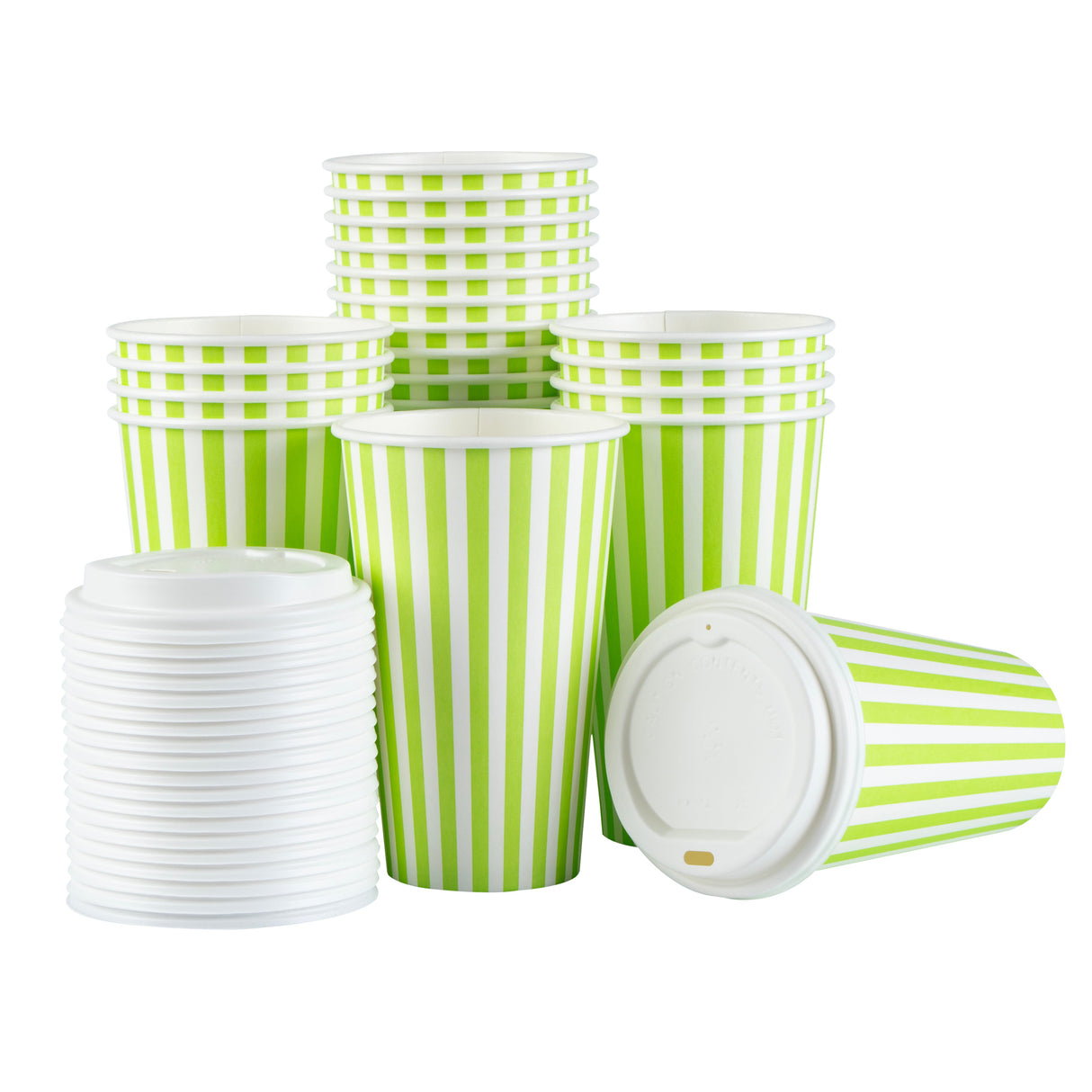 Cups, Hot, Restpresso 16 Ounce, Paper, Green & White Stripe, Single Wall, 3.50 x 3.50 x 5.75 Inch, with White Lid,20 - 1 EACH