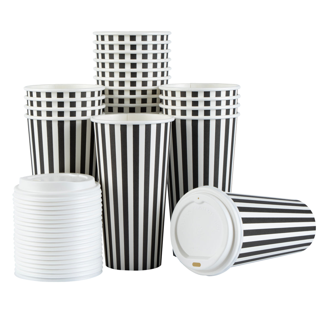 Cups, Hot, Restpresso 20 Ounce, Paper, Black & White Stripe, Single Wall, 3.50 x 3.50 x 6.50 Inch, with White Lid,20 - 1 EACH