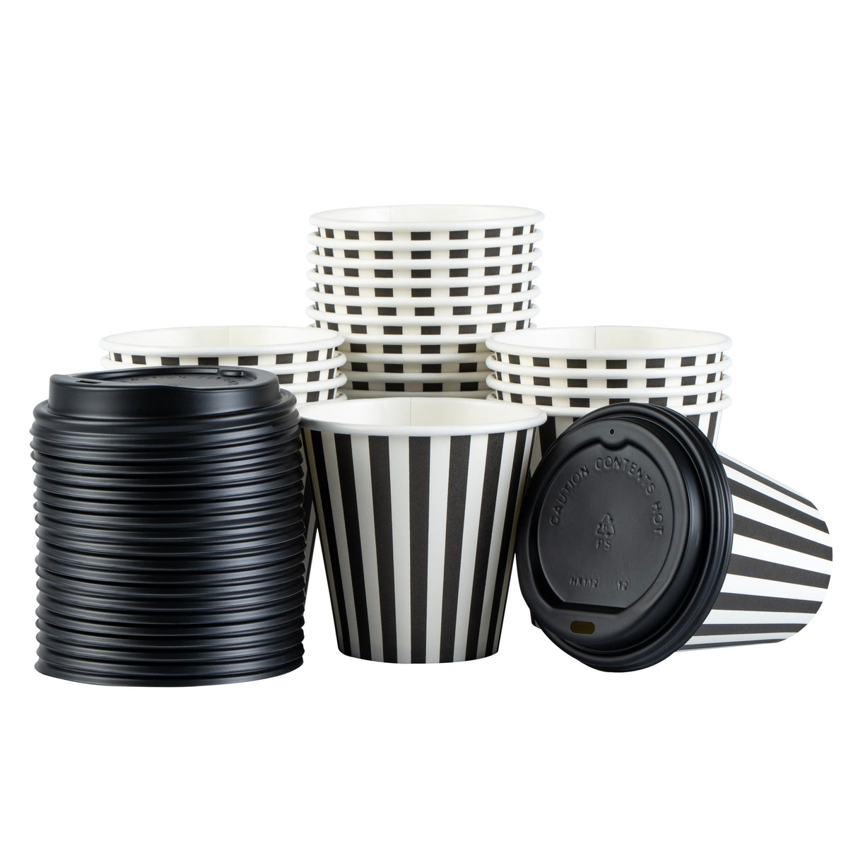 Cups, Hot, Restpresso 8 Ounce, Paper, Black & White Stripe, Single Wall, 3.50 x 3.50 x 3.25 Inch, with Black Lid,20 - 1 EACH