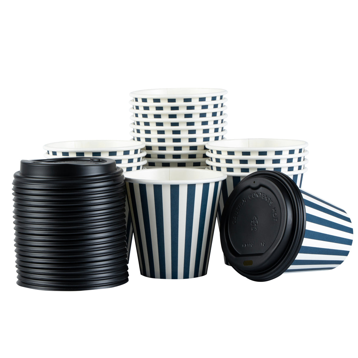 Cups, Hot, Restpresso 8 Ounce, Paper, Blue & White Stripe, Single Wall, 3.50 x 3.50 x 3.25 Inch, with Black Lid,20 - 1 EACH