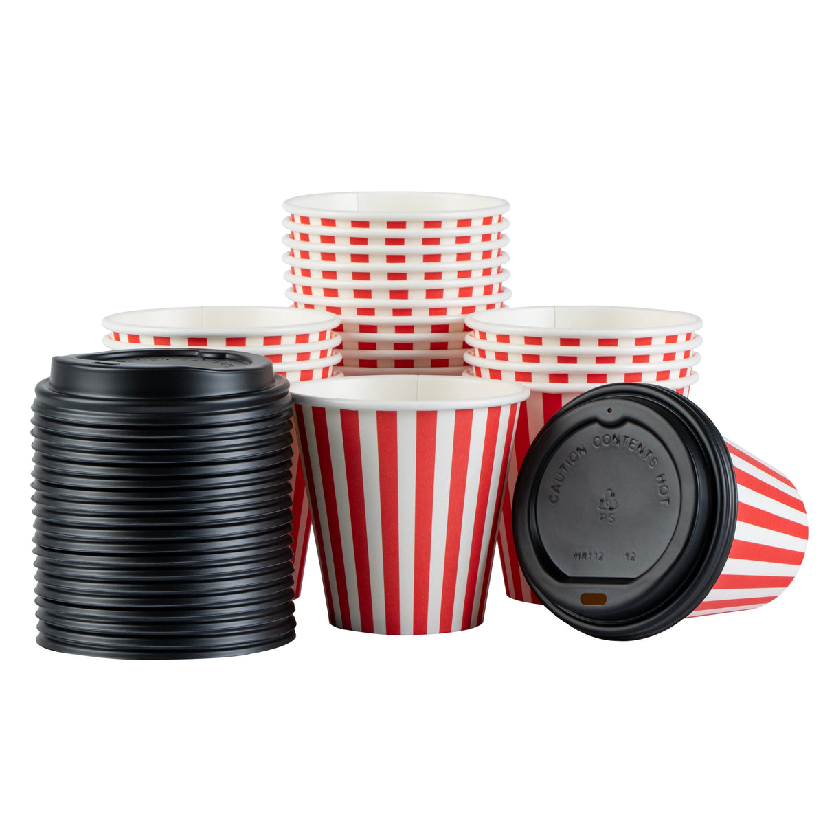Cups, Hot, Restpresso 8 Ounce, Paper, Red & White Stripe, Single Wall, 3.50 x 3.50 x 3.25 Inch, with Black Lid,20 - 1 EACH