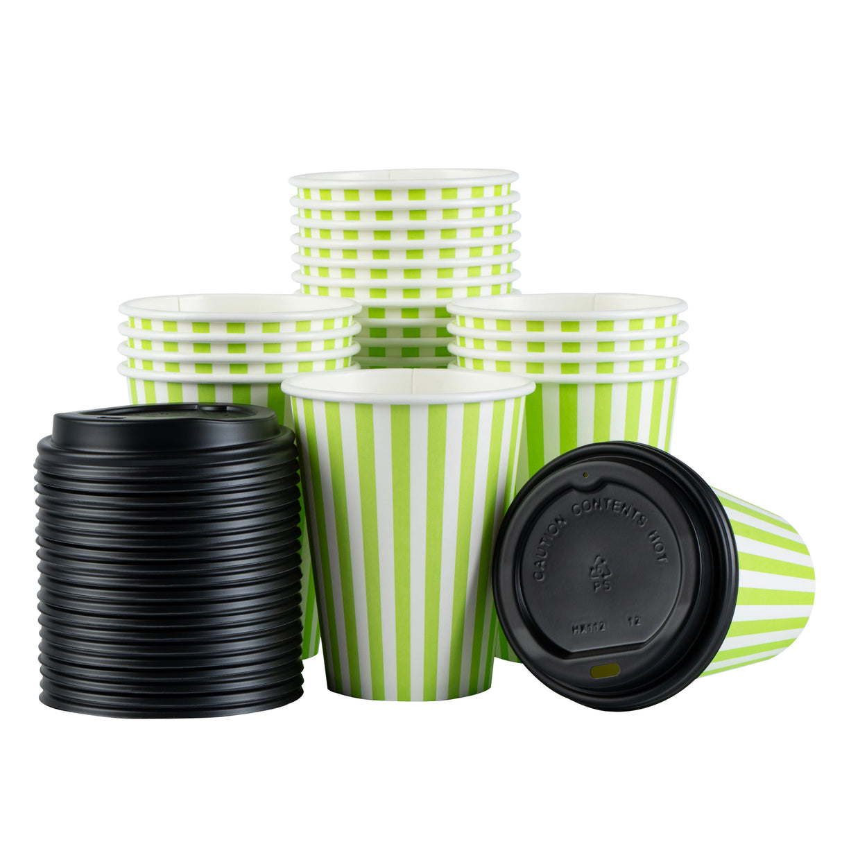 Cups, Hot, Restpresso 12 Ounce, Paper, Green & White Stripe, Single Wall, 3.50 x 3.50 x 4 Inch, with Black Lid,20 - 1 EACH