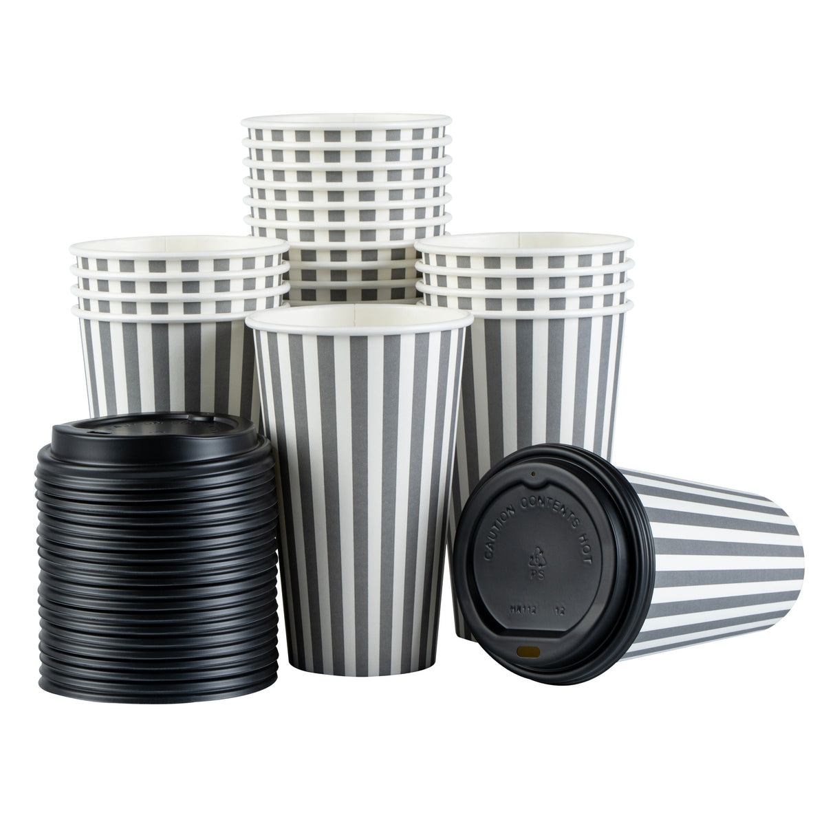 Cups, Hot, Restpresso 16 Ounce, Paper, Gray & White Stripe, Single Wall, 3.50 x 3.50 x 5.50 Inch, with Black Lid,20 - 1 EACH