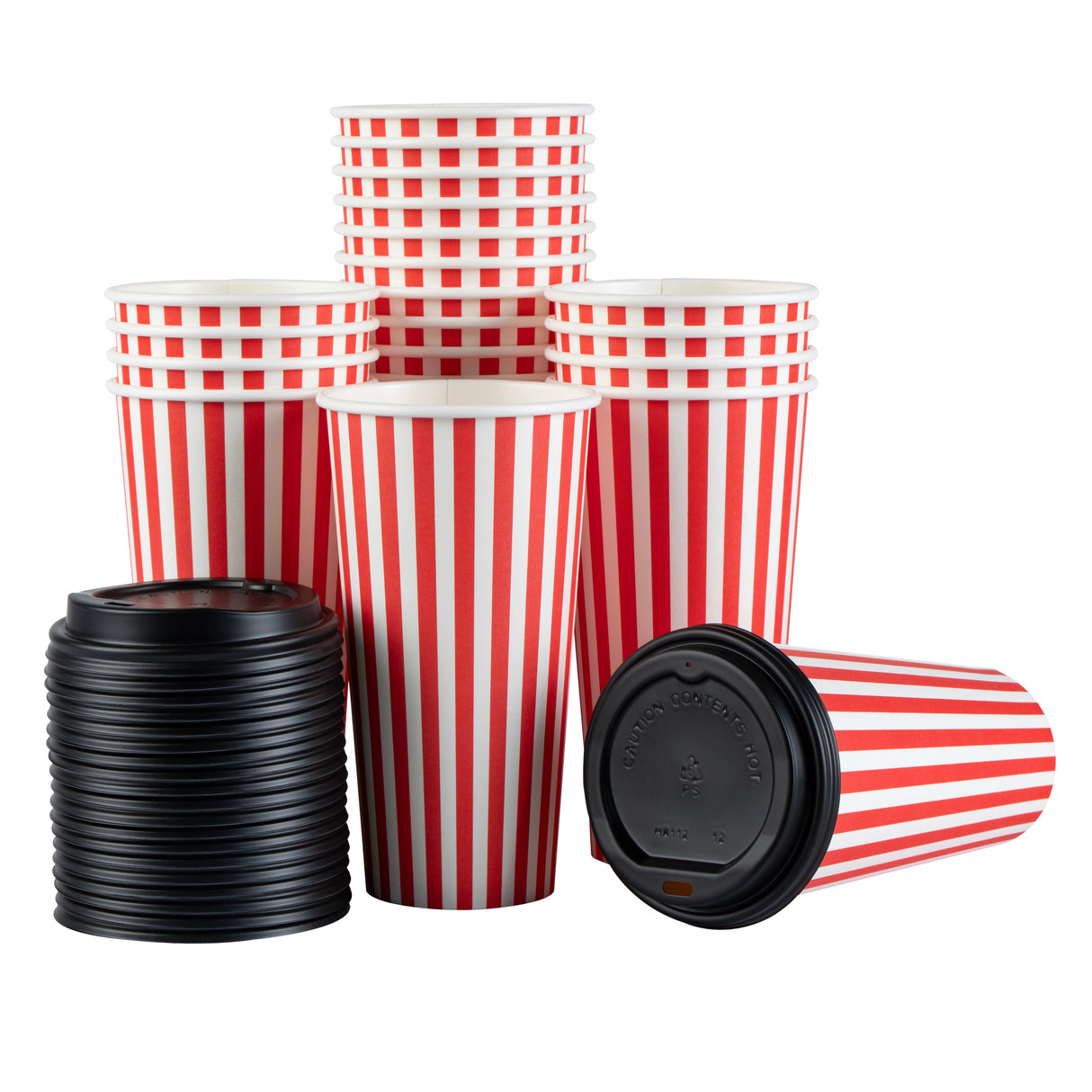 Cups, Hot, Restpresso 20 Ounce, Paper, Red & White Stripe, Single Wall, 3.50 x 3.50 x 6.25 Inch, with Black Lid,20 - 1 EACH