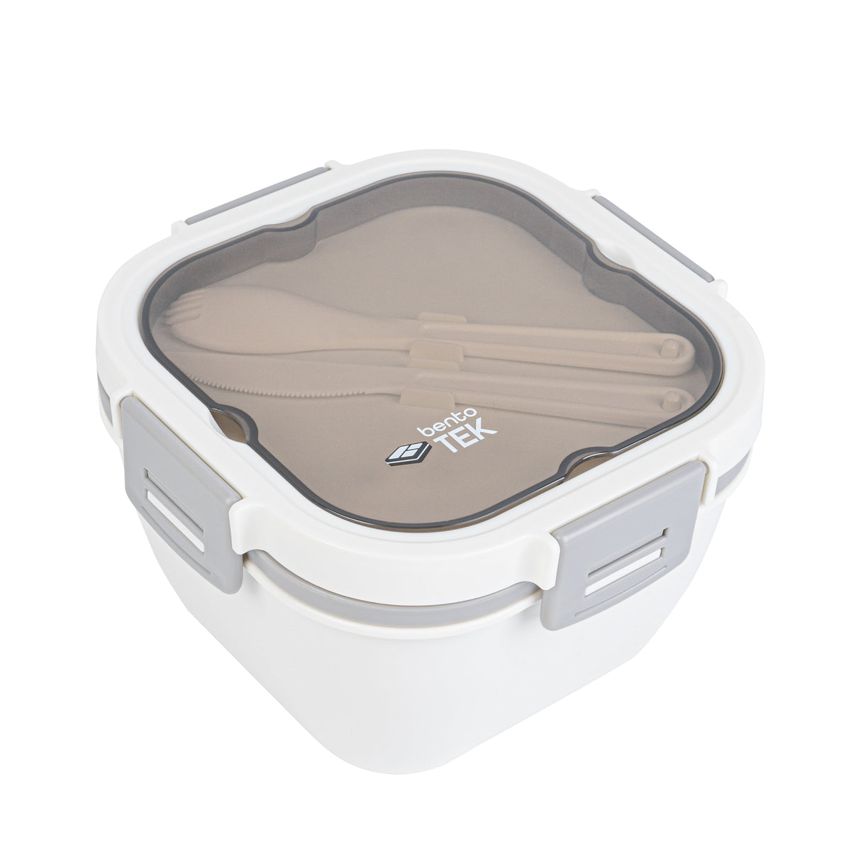 Boxes, Lunch, Bento Tek 58 Ounce, Microwave-Safe, White & Grey, 7.25 x 7.25 x 4.25 Inch, with Fork & Knife,10 - 1 EACH
