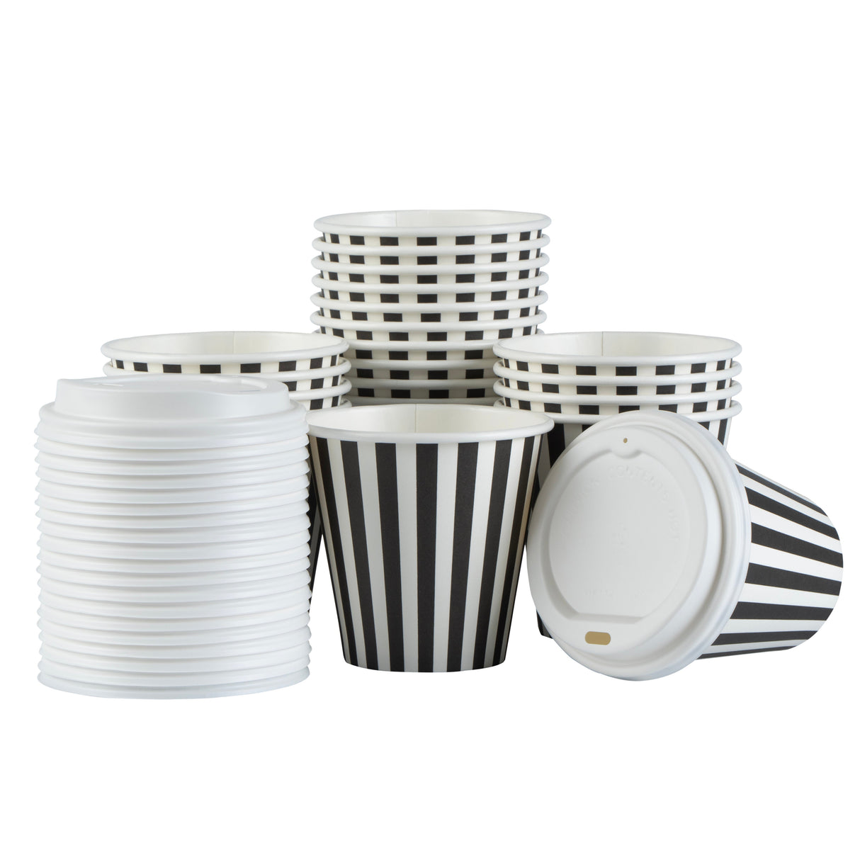 Cups, Hot, Restpresso 8 Ounce, Paper, Black & White Stripe, Single Wall, 3.50 x 3.50 x 4 Inch, with White Lid,20 - 20 COUNT