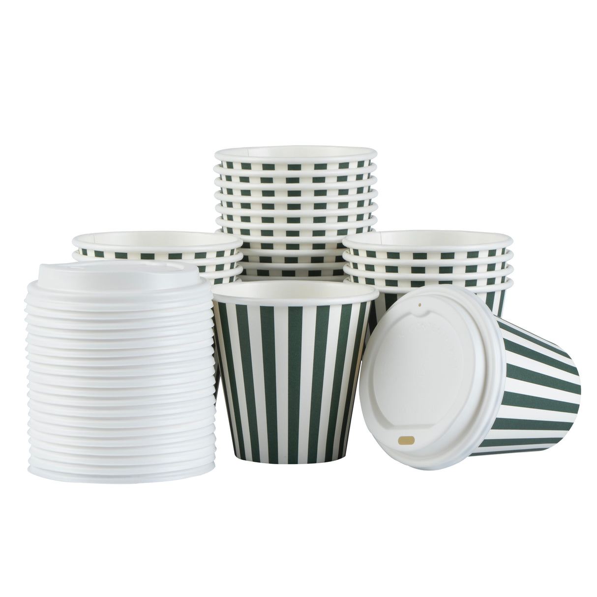 Cups, Hot, Restpresso 8 Ounce, Paper, Forest Green & White Stripe, Single Wall, 3.50 x 3.50 x 4 Inch, with White Lid,20 - 20 COUNT