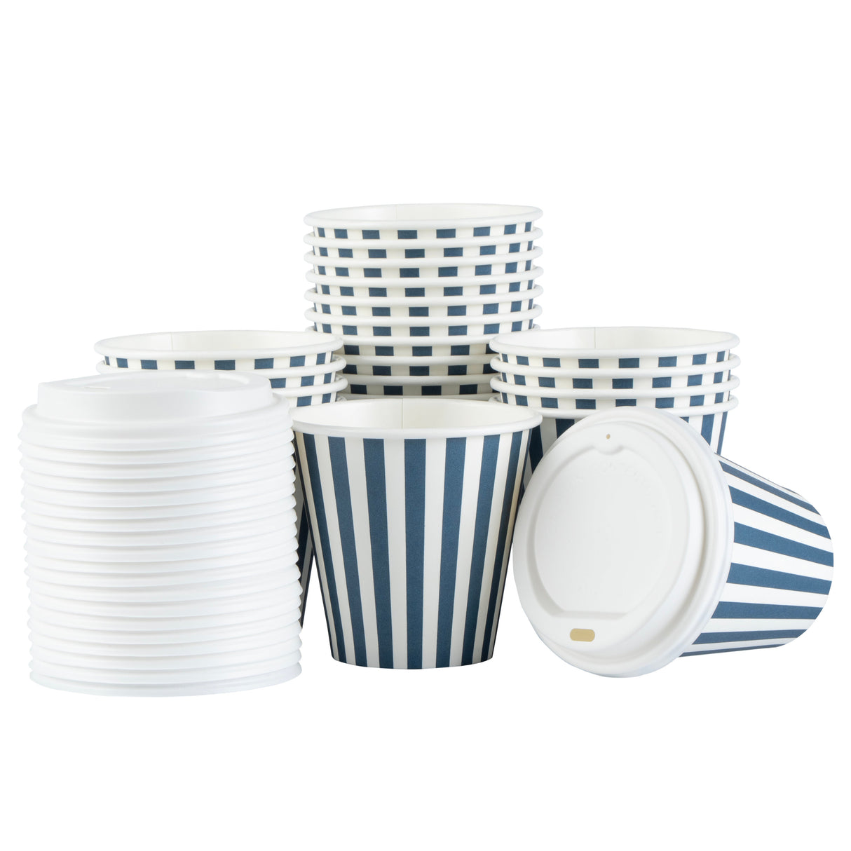 Cups, Hot, Restpresso 8 Ounce, Paper, Blue & White Stripe, Single Wall, 3.50 x 3.50 x 4 Inch, with White Lid,20 - 20 COUNT