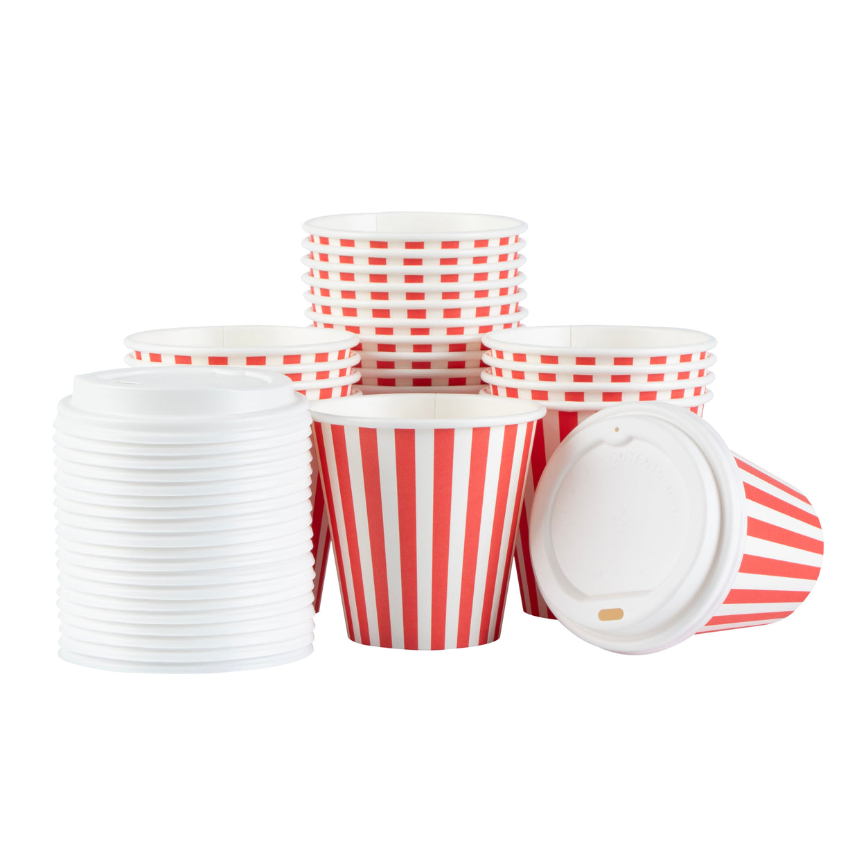 Cups, Hot, Restpresso 8 Ounce, Paper, Red & White Stripe, Single Wall, 3.50 x 3.50 x 4 Inch, with White Lid,20 - 20 COUNT