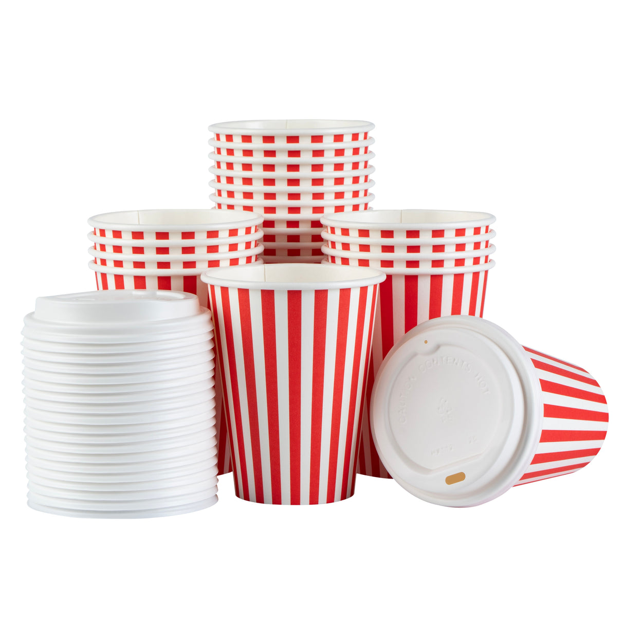 Cups, Hot, Restpresso 12 Ounce, Paper, Red & White Stripe, Single Wall, 3.50 x 3.50 x 4.75 Inch, with White Lid,20 - 20 COUNT